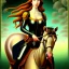 Placeholder: portrait of a beautiful busty Black Widow with green eyes riding a horse by Sandro Botticelli style