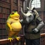 Placeholder: close up 3d anime illustration very fat yellow and green color big fat anthropomorphic frog in simple t-shirt and pants stands next to each other and talking with a strong gray anthropomorphic rhinoceros without horns in modern security guard clothes, they talking and elbowing on an old wooden railing next to each other, in background a bibliothek with tall book shelves, detailed sci-fi, fantasy mood