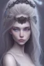 Placeholder: A beautiful young woman with long white hair and blue eyes, pale skin with opal freckles. Wearing a black dress