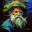 Placeholder: impasto oil painting of an old mariner, thick sculptural brushstrokes, swirling textures, golden beard flowing into stormy ocean, expressive portrait style, vivid ocean blues and greens, emotional and textured, expressionist painting --v 7 --style raw --ar 4:5 --q 2