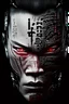 Placeholder: face of cyborg seen from the side with Japanese characters with evil expression