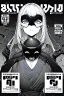 Placeholder: girl with demon mask in the middle of the room, line arts, manga cover, greyscale