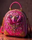 Placeholder: expensive back bag,rich, fantasy, diamond glitter, neon magenta, super realistic, metallic gold decorated with Diamonds and rhinoceros, colorful inset design creates an art deco visual pattern, prismatic crystal glass peony out of the art nouveau space, HD