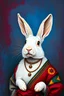 Placeholder: potrait realism white rabbit wearing a colorful clothes and necklace on blue and red background with canvas texture