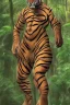 Placeholder: Rainforest, tall hybrid of human and tiger walking, frontal, model style, hyper realistic, accurate, delicate, extremely detailed, Graphic novel style, wide-angle, front view, open aperture, superfine pencil