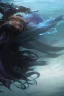 Placeholder: a beautiful woman, long curly black hair,closed eyes,coming from beneath the water,braking the surface with her face just coming out the water,looking up symbolism for breaking free. realistic,8k quality, action close shot from areal view,highly detailed , chaos 80