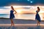 Placeholder: very nice real face beautiful sexy roman with make up at the beach standing pose in a short lace dark blue and silver dress, full body, 3D cloudy sky volumetric nice clouds 8k sharp focus,sunset,golden hour