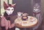 Placeholder: A cat wearing clothes is sitting at a table eating sushi. Manga style. Perfect iris. Paws. Mug with cat face