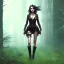 Placeholder: steampunk, dark forest, black hair, long legs, full-body