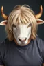 Placeholder: A portrait of an attractive stern ox bison sheep with wig, shoulder-length blond hair tied in a tight knot, pale skin,light green eyes, muscular build, wearing grey t-shirt