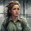 Placeholder: Young woman in prison fatigues that are soaked, hair also soaked in the marvel comic style