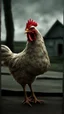 Placeholder: Generate a spine-chilling Halloween horror scene featuring a chicken as if it's a character from a terrifying movie, with eerie lighting and a haunting atmosphere , photo / ultra realistic."