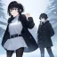 Placeholder: Clear focus, High resolution, black short fluffy hair, long locks, smiling, wearing a black coat and a white short skirt with black leggings on, wearing a white shirt, wearing a grey belt, looking confused, snow in the background, blue sparkling eyes