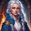 Placeholder: dungeons & dragons; portrait; teenager; female; sorcerer; dragonic bloodline; braided silver hair; blue eyes; cloak; flowing robes; shy; blushing; school uniform