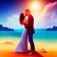 Placeholder: 2 lovers last kiss in sand island with tent and river background