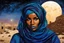 Placeholder: create an imaginative drawing of a Tuareg female, in traditional dress, with finely detailed facial features, in the ruins of Djado under the midnight sky, in the dynamic action style of, Burne Hogarth, finely textured, drawn, colored, and inked