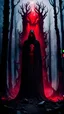 Placeholder: In the center of the dark dead forest epic stands an tall figure in black mantle without face, ancient altar of the dead, from which red mist emanates, horror film style