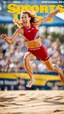 Placeholder: beautiful anorexic woman, jumping, short triathlon swimsuit, medium length wavy haircut, photographed by sports illustrated, red hair