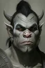 Placeholder: Portrait of an half-orc, grey skin, two large lower tusks, proud look, short dark hair