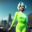 Placeholder: Realistic image, retro sci-fi, portrait, waist up view, blonde woman, sweet Marylin Monroe face, perfect iris, glow eyes. tight lycra tights suit. Futuristic city. epic style, vibrant color, highly detailed, unreal engine 5, ray tracing, RTX, lumen lighting, ultra detail, volumetric lighting, 3d, finely drawn, high definition, high resolution.