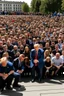 Placeholder: hundreds of people kneeling in front of donald trump