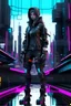 Placeholder: Front view full body vazio cyber punk, cyberpunk city background