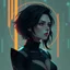 Placeholder: a pretty woman, dark hair, futuristic, contemplative, digital art, stylised