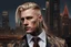 Placeholder: photorealistic portait of henry cavell as mercenary with long blonde hair undercut tribal tattoos wearing smart suit cityscape