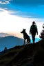 Placeholder: On a mountain, a silhouette of a fit human man and a silhouette of a fit human woman are walking the the peak of the mountain. A Belgian malinois is in the photo behind the woman and the man.