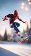 Placeholder: spider man jumping doing winter freestyle ski jump half pipe trick, bokeh like f/0.8, tilt-shift lens 8k, high detail, smooth render, down-light, unreal engine, prize winning