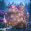 Placeholder: a magical flower muschroom bleu gold house in the woods, pink vertical, blue lake,sharp, vines, candlelit, endor, ornate, elegant, highly detailed, artstation, concept art, smooth, sharp focus, illustration, 8k, splash art, wallpaper, key visual