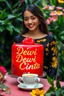 Placeholder: Make a big shiny and bright jelly cake, bright crimson in color, written text details "Dewi Cinta" in cursive letters, near a beautiful smiling supermodel wearing a shiny bright black dress with yellow dragon embroidery, , near a coffee cup with steam, lush green garden background with beautiful green color with some vibrant colorful flowers, ultra HD 64k macro sharp focus cinematic photography