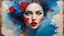 Placeholder: old painting, torn edges, blue, WOMAN, love, red heart, light, flower, double exposure, abstract surreal portrait, oil painting in impressionism, large strokes, airbrush effect, textured painting, antique style, vintage, semi-abstract, semi-realistic, surreal .