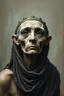 Placeholder: Busch painting style nightmare, an old Egyptian woman, her skin texture made of grey dog hair Webber , she is without hair