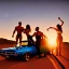 Placeholder: muscle car, man and woman making love, desert road, sunset, full colour,