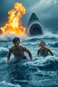 Placeholder: 18-year-old Scott Kendall and 15-year-old Judi Ott emerging from a tumultuous sea amidst a stormy backdrop, with a great white shark looming in the background, a conflagration of fire and explosive effects, ambient lighting, professional composition, infused with a mix of elegance and futuristic aesthetics, ultra-realistic, mystical undertones, sharp focus capturing every water droplet and flame, rational placement of subjects within a cinematic frame, epic atmosphere,