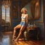 Placeholder: full length low angle airbrush portrait of young barefoot woman standing legs apart, wearing crop top and silk shorts with blond hair in pixie haircut, tan complexion, and wireframe glasses, sapphire pendant, confident expression, by pino daeni bare feet resting on hardwood floor, in opulent parlor with antiques, relief hangings, and a crystal decanter, perfect toes, pedicure