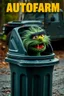 Placeholder: EUROPEAN Oscar the AUTOFARM Grouch SESEME ST CHARACTER IN LARGE GARBAGE TRASH BIN,GARBAGE TRASH BIN, side profile, "GARBAGE TRASH BIN IN FRONT" man in super blackscary (((((autofarm)))))) TITLE in movie poster movie style horror look. as five headed mouth open, rough teeth, turn head around, landrover crash in background(&*&*^%$^#%$#%$^%$#^#$#^%#$^$#