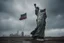 Placeholder: the statue of liberty, dress dirty and torn, her face solemn and terse, trash littered at her feet, she holds a crumpled american flag, she walks away with back turned under a dark and dreary sky, wide angle