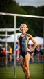 Placeholder: anorexic beautiful girl, age 21, total shot, short anthracite triathlon swimsuit, blonde wavy bob haircut, blurred background