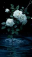 Placeholder: The image is a digital artwork that depicts a branch of tree of Blue roses and leaves tangling in to a water in the river with aThe rose floats on the surface of the water, creating a wave-like effect. The background is black, which makes a branch of a tree of white roses stand out even more. Water droplets are scattered adding to the dreamy, ethereal quality of the image. The a