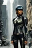 Placeholder: [2000 AD (1977)] The streets of Mega City One were alive with the constant hum of activity, but in the midst of the chaos, a figure stood tall and resolute. Halle Berry, part of the judges' team, commanded attention as she surveyed the sprawling metropolis. The helmet, a symbol of authority and unwavering justice, rested firmly on Berry's head, obscuring her features but amplifying the aura of power that surrounded her. The citizens of Mega City One couldn't help but be drawn to her presence, in