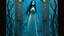 Placeholder: Illustration of a Caucasian woman in her 40s, with long black hair and pale skin, wearing a long light blue dress. She stands in front of a dark stone door adorned with a skeleton at the top. The scene is lit with cool blue light, creating a ghostly atmosphere. At her feet are several vines. Bats fly in the background. The style evokes classic fantasy art, with a focus on dramatic lighting and detailed character design. The color palette is dominated by shades of blue and black, which enhance th