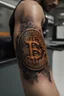 Placeholder: close view of a man's arm that has just been tattood by a branding iron, the branding tool just lifted up from the skin and the tattoo is hot and still smoking from the heat, the tattoo is a Bitcoin symbol. Hyper realistic, 8k, realistic