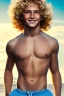 Placeholder: full body image of a beautiful 12 year old boy with long, blonde curly hair and light blue eyes, smiling, shirtless, in front of an distant beach, 8k