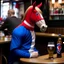 Placeholder: A man in the form of a horse in a bar drinking a beer dressed with a representation of the French rugby team because he supports this team