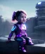 Placeholder: little girl sitting inside a big robot suit, white and purple