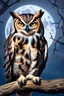 Placeholder: a horned Owl sitting on branch in oak tree with full moon behind it