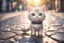 Placeholder: cute happy chibi anime cat standing on a wet cobblestone road in sunshine, ethereal, cinematic postprocessing, bokeh, dof