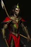 Placeholder: full length, montia, black red with gold lines, holding a spear in his hand